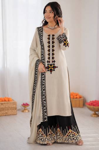 Off white reyon satin thread work plazzo suit