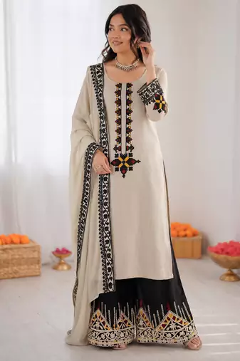 Off white reyon satin thread work plazzo suit