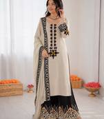 Off white reyon satin thread work plazzo suit