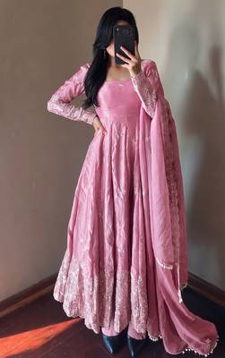 Pink colour  heavy embroidered anarkali kurta set with designer cutwork dupatta & pant 3
