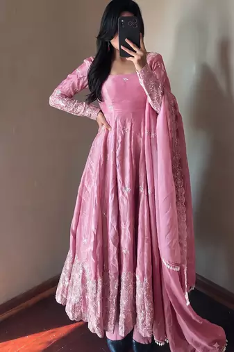 Pink colour  heavy embroidered anarkali kurta set with designer cutwork dupatta & pant