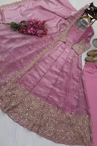 Pink colour  heavy embroidered anarkali kurta set with designer cutwork dupatta & pant