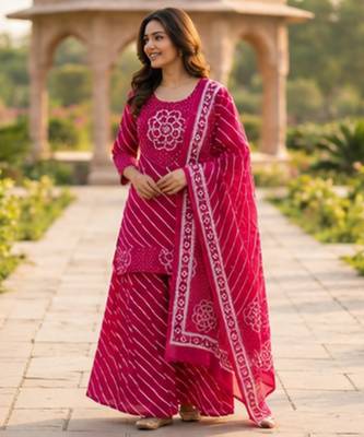 Cotton lahariya pink short kurti-kali plazzo-dupatta set 2