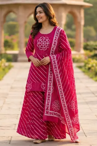 Cotton lahariya pink short kurti-kali plazzo-dupatta set