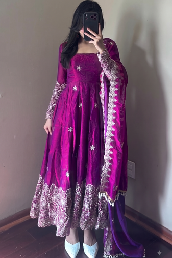 Purple colour  heavy embroidered anarkali kurta set with designer cutwork dupatta & pant
