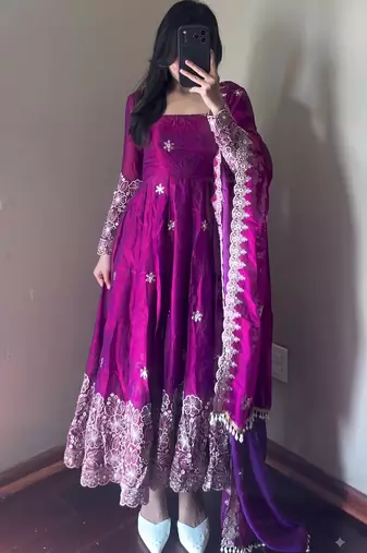 Purple colour  heavy embroidered anarkali kurta set with designer cutwork dupatta & pant