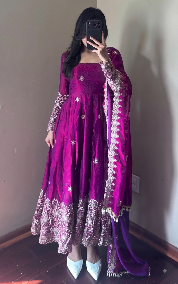 Purple colour  heavy embroidered anarkali kurta set with designer cutwork dupatta & pant
