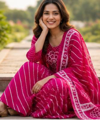 Cotton lahariya pink short kurti-kali plazzo-dupatta set 3