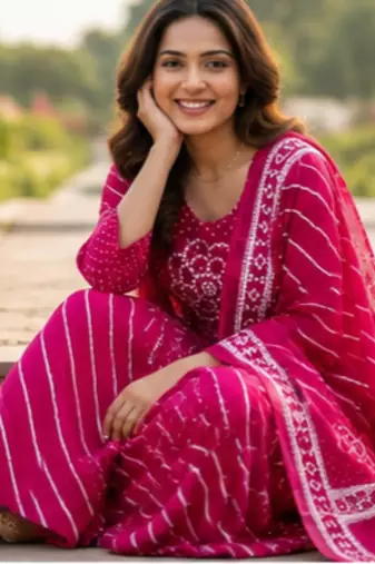 Cotton lahariya pink short kurti-kali plazzo-dupatta set
