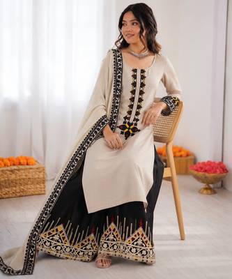 Off white reyon satin thread work plazzo suit 2