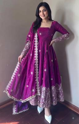 Purple colour  heavy embroidered anarkali kurta set with designer cutwork dupatta & pant 2