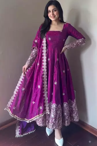 Purple colour  heavy embroidered anarkali kurta set with designer cutwork dupatta & pant