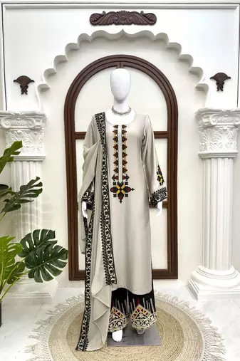 Off white reyon satin thread work plazzo suit