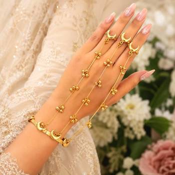 Gold Hathphool Hand Harness, Half moon design Indian Bridal Hand Chain Ghungroo Jewelry 1