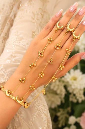 Gold Hathphool Hand Harness, Half moon design Indian Bridal Hand Chain Ghungroo Jewelry