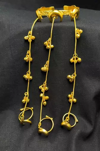 Gold Hathphool Hand Harness, Half moon design Indian Bridal Hand Chain Ghungroo Jewelry