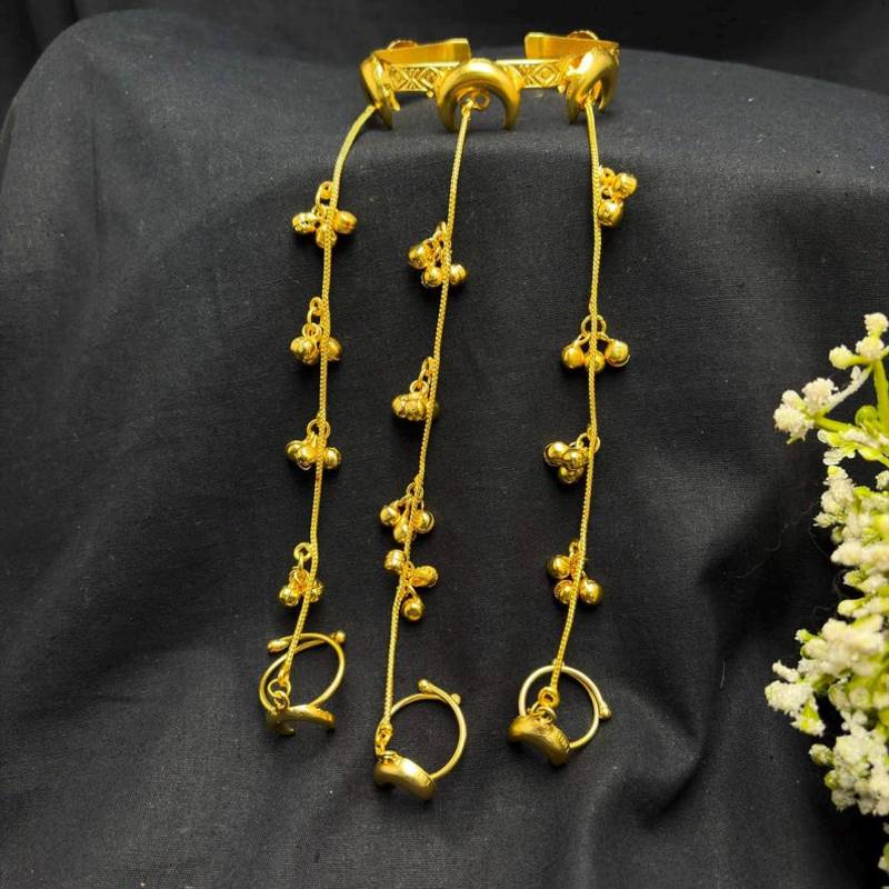 Gold Hathphool Hand Harness, Half moon design Indian Bridal Hand Chain Ghungroo Jewelry