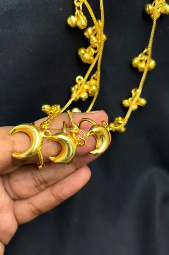 Gold Hathphool Hand Harness, Half moon design Indian Bridal Hand Chain Ghungroo Jewelry