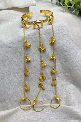 Gold Hathphool Hand Harness, Half moon design Indian Bridal Hand Chain Ghungroo Jewelry