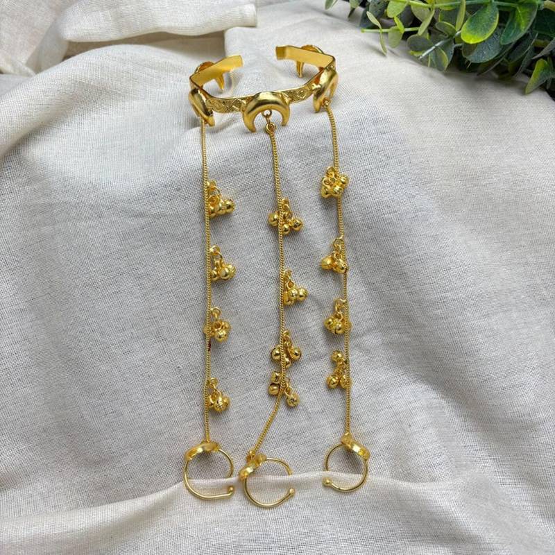 Gold Hathphool Hand Harness, Half moon design Indian Bridal Hand Chain Ghungroo Jewelry