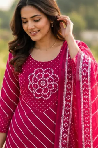 Cotton lahariya pink short kurti-kali plazzo-dupatta set