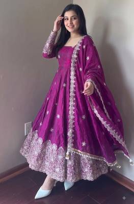 Purple colour  heavy embroidered anarkali kurta set with designer cutwork dupatta & pant 3