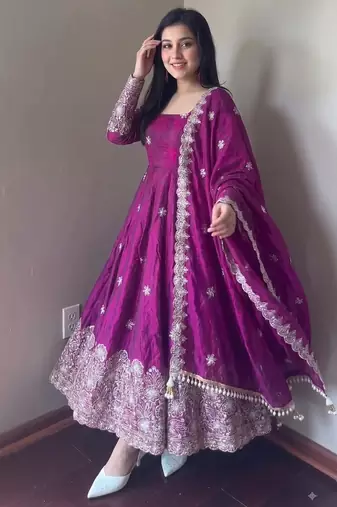 Purple colour  heavy embroidered anarkali kurta set with designer cutwork dupatta & pant