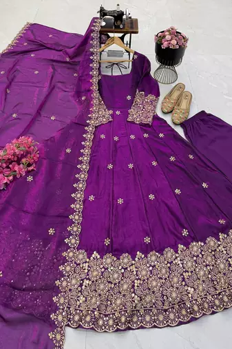 Purple colour  heavy embroidered anarkali kurta set with designer cutwork dupatta & pant