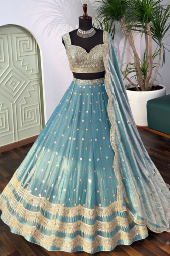 TEALGREEN SILK EMBROIDERY LEHENGA CHOLI WITH DUPATTA
