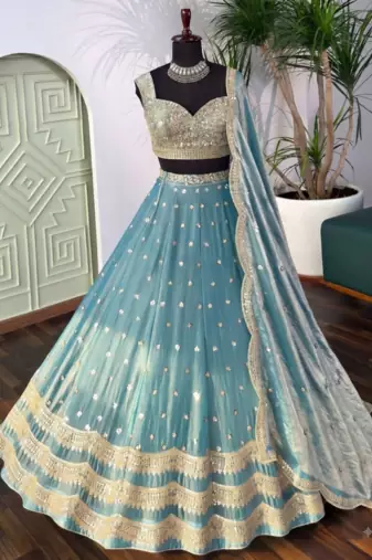 TEALGREEN SILK EMBROIDERY LEHENGA CHOLI WITH DUPATTA