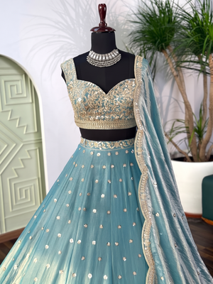TEALGREEN SILK EMBROIDERY LEHENGA CHOLI WITH DUPATTA 2