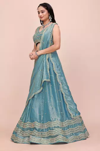 TEALGREEN SILK EMBROIDERY LEHENGA CHOLI WITH DUPATTA