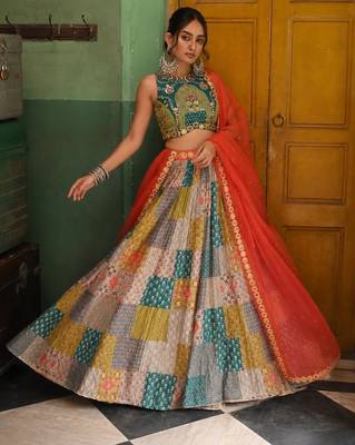 Multicolor Printed French Crepe Silk Navratri Lehenga Choli 1
