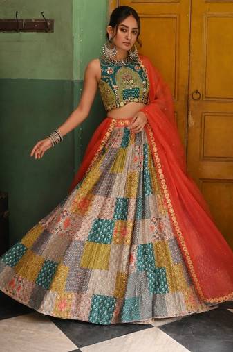 Multicolor Printed French Crepe Silk Navratri Lehenga Choli