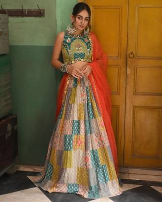 Multicolor Printed French Crepe Silk Navratri Lehenga Choli 2