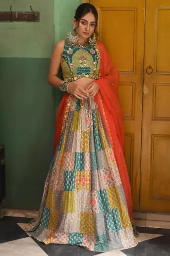 Multicolor Printed French Crepe Silk Navratri Lehenga Choli