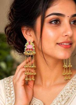 Pink Stone Long Kashmiri Earrings, Indian Bridal Statement Earrings, Gold Temple Jewelry 1