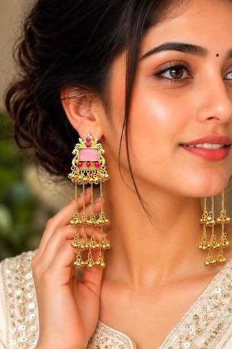 Pink Stone Long Kashmiri Earrings, Indian Bridal Statement Earrings, Gold Temple Jewelry