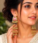 Pink Stone Long Kashmiri Earrings, Indian Bridal Statement Earrings, Gold Temple Jewelry