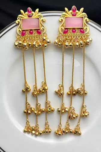 Pink Stone Long Kashmiri Earrings, Indian Bridal Statement Earrings, Gold Temple Jewelry