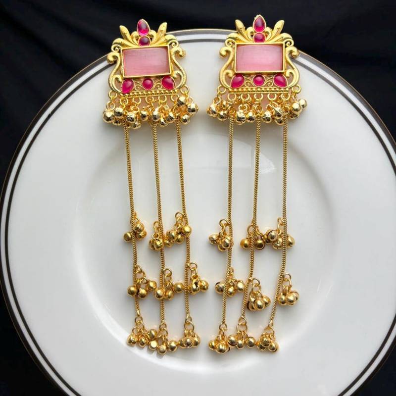 Pink Stone Long Kashmiri Earrings, Indian Bridal Statement Earrings, Gold Temple Jewelry