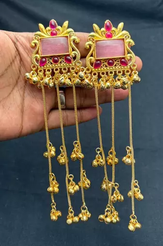 Pink Stone Long Kashmiri Earrings, Indian Bridal Statement Earrings, Gold Temple Jewelry