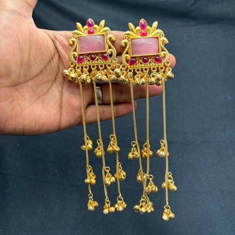 Pink Stone Long Kashmiri Earrings, Indian Bridal Statement Earrings, Gold Temple Jewelry