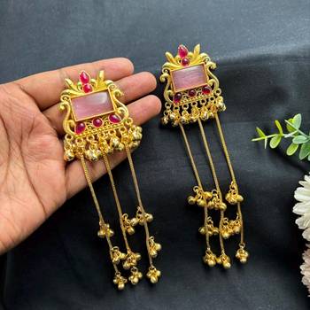 Pink Stone Long Kashmiri Earrings, Indian Bridal Statement Earrings, Gold Temple Jewelry 4