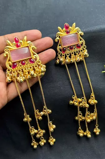 Pink Stone Long Kashmiri Earrings, Indian Bridal Statement Earrings, Gold Temple Jewelry