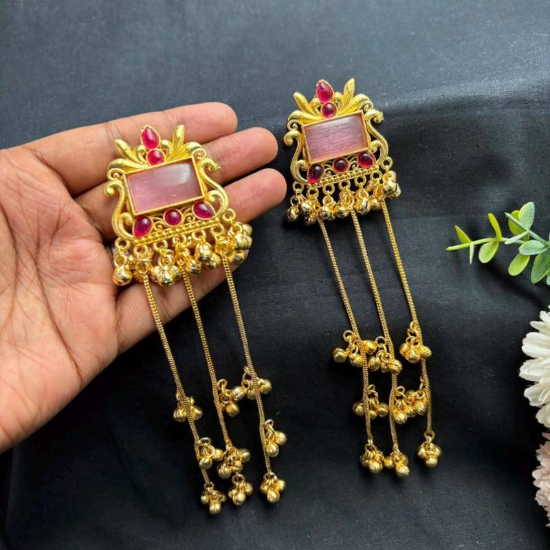 Pink Stone Long Kashmiri Earrings, Indian Bridal Statement Earrings, Gold Temple Jewelry
