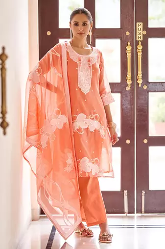 Orange embroidered poly cotton jacquard straight