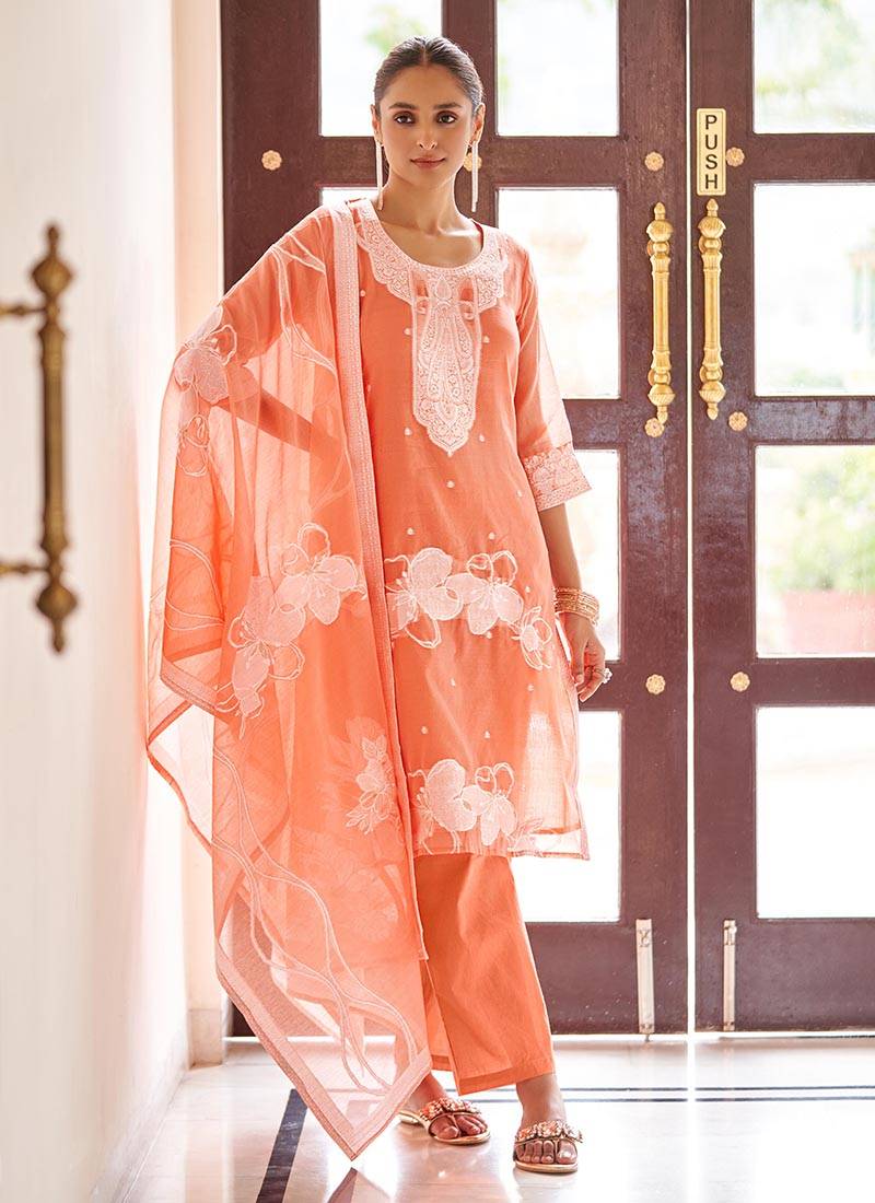 Orange embroidered poly cotton jacquard straight