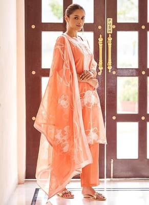 Orange embroidered poly cotton jacquard straight 2