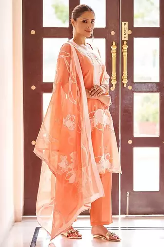 Orange embroidered poly cotton jacquard straight